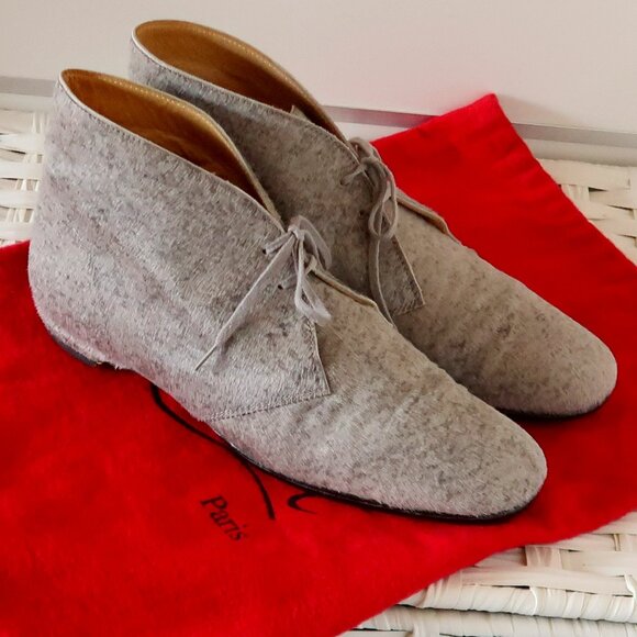 Christian Louboutin Grey Pony Hair Lace-Up Boots Designer Red Sole Ankle Booties - Picture 13 of 16